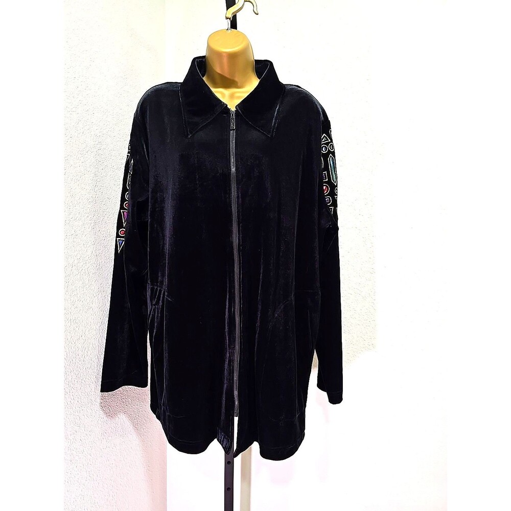Bob Mackie Wearable Art Black Velvet Jacket Geometric Embellished Full Zip Large